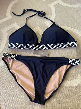 NWT J CREW  XXL Navy Braided-Trim Bikini Set - Navy/White w/braided details!